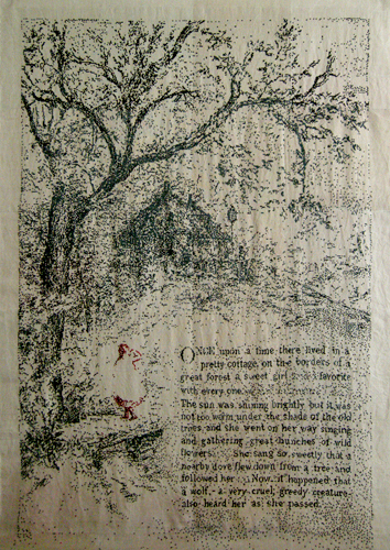 Once upon a time there lived in a pretty cottage on the borders of a great forest a sweet girl, favorite with every one. The sun was shining brightly but it was not too warm under the shade of the old trees and she went on her way singing and gathering great bunches of wild flowers. She sang so sweetly that a nearby dove flew down from his tree and followed her. Now, it happened that a wolf - a very cruel, greedy creature - also heard her as she passed...